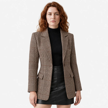 Women's Single-Breasted Checked Blazer, Tailored Fit, Brown