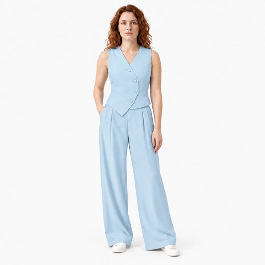 Women's Tailored Waistcoat and Wide Leg Trousers Set - Office & Occasion Outfit