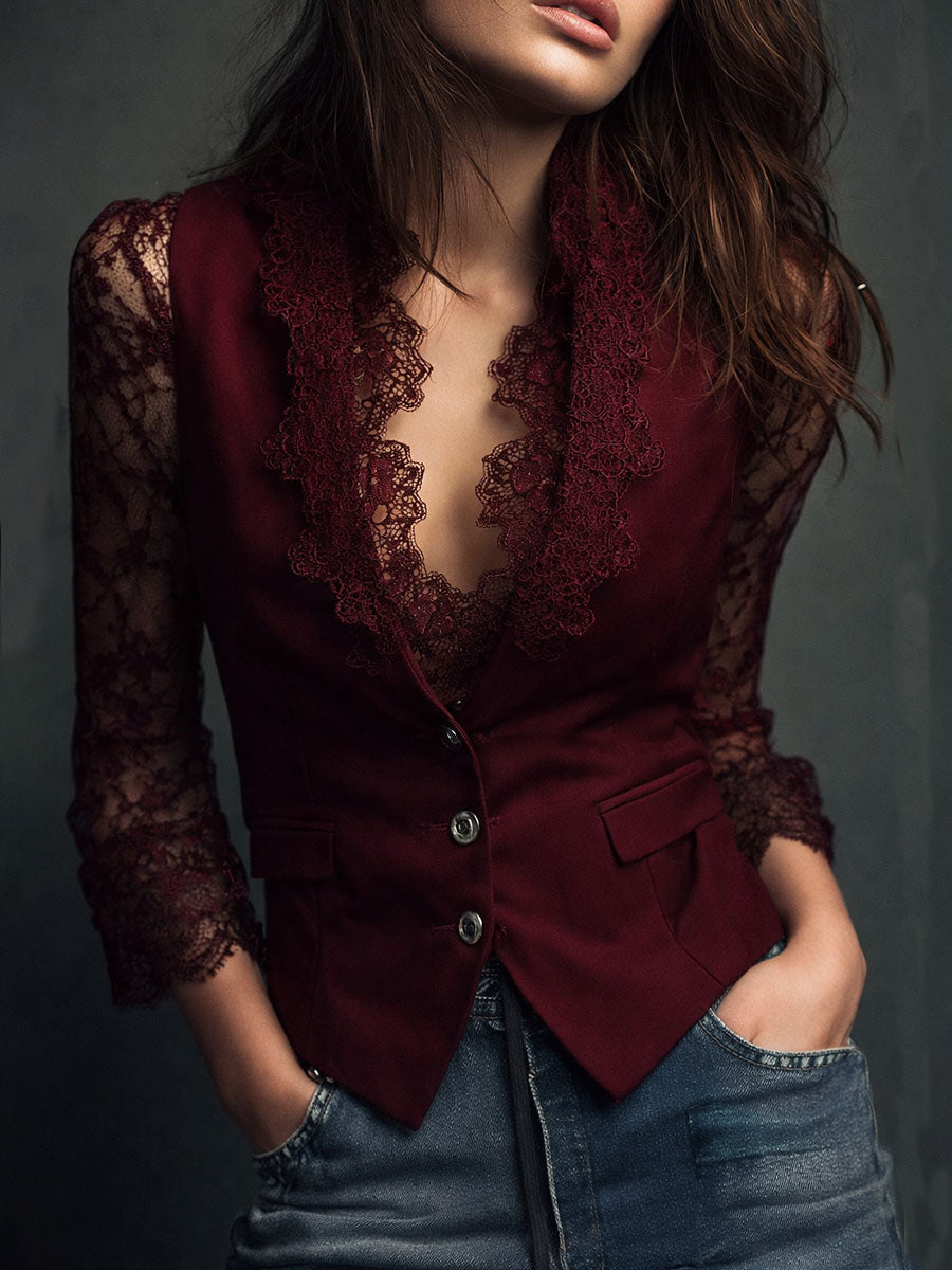 Model wearing the burgundy version with scalloped lace collar and sheer lace three-quarter sleeves over jeans, front view. 2