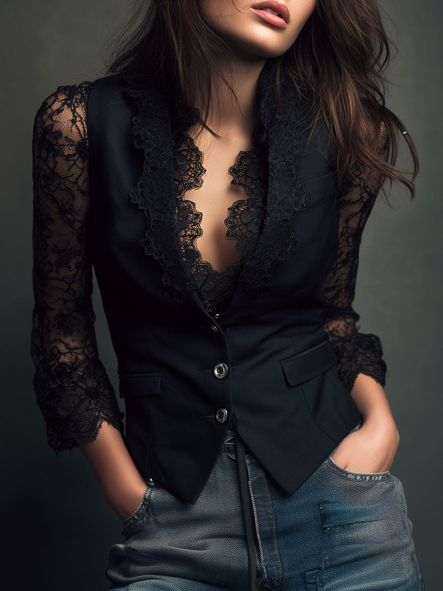 Model wearing the black buttoned waistcoat-style top with lace collar and sheer lace sleeves, hands in jeans pockets, front view. 1