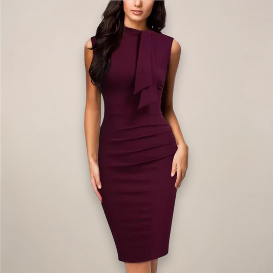 Model wearing the burgundy sleeveless sheath dress, front view showing the draped neck tie and ruched side waist. 1