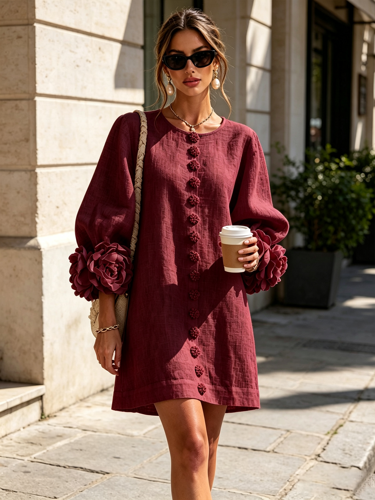 Burgundy version worn by a model on a stone pavement, with deep red rosette cuffs and flower buttons down the front. 7