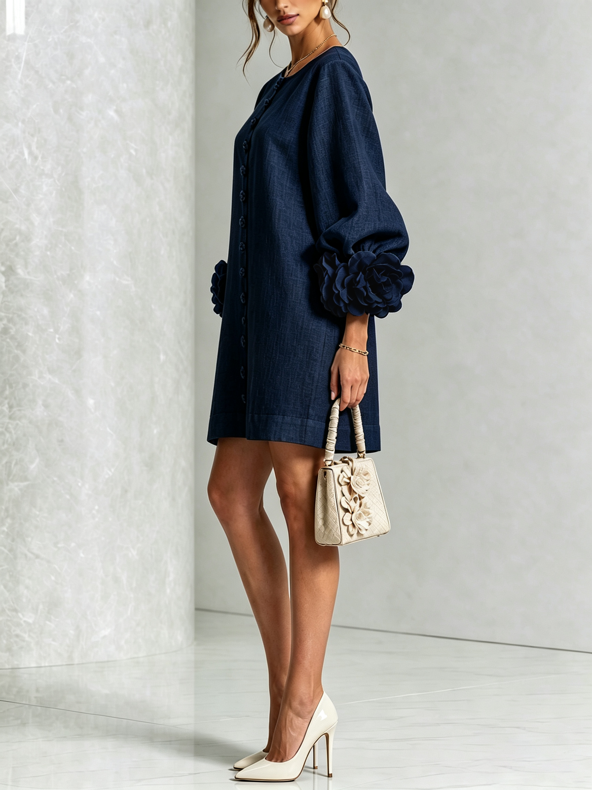Side view of the navy dress in a studio, showing the button line, balloon sleeve and large rosette cuff, with cream heels. 19