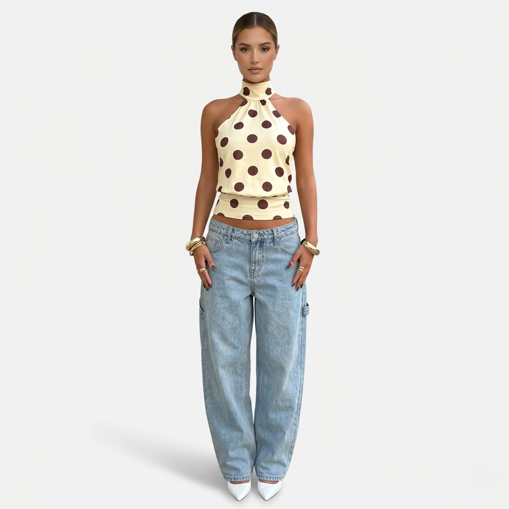 Polka Dot Blouse Women's Halter Neck Sleeveless Tie Back