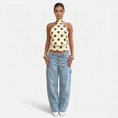 Polka Dot Blouse Women's Halter Neck Sleeveless Tie Back