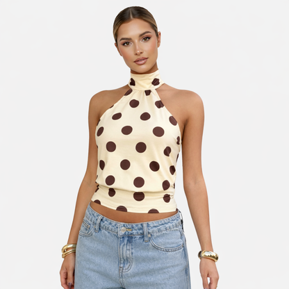Polka Dot Blouse Women's Halter Neck Sleeveless Tie Back