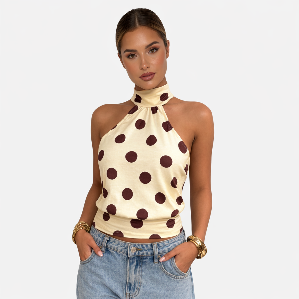 Polka Dot Blouse Women's Halter Neck Sleeveless Tie Back