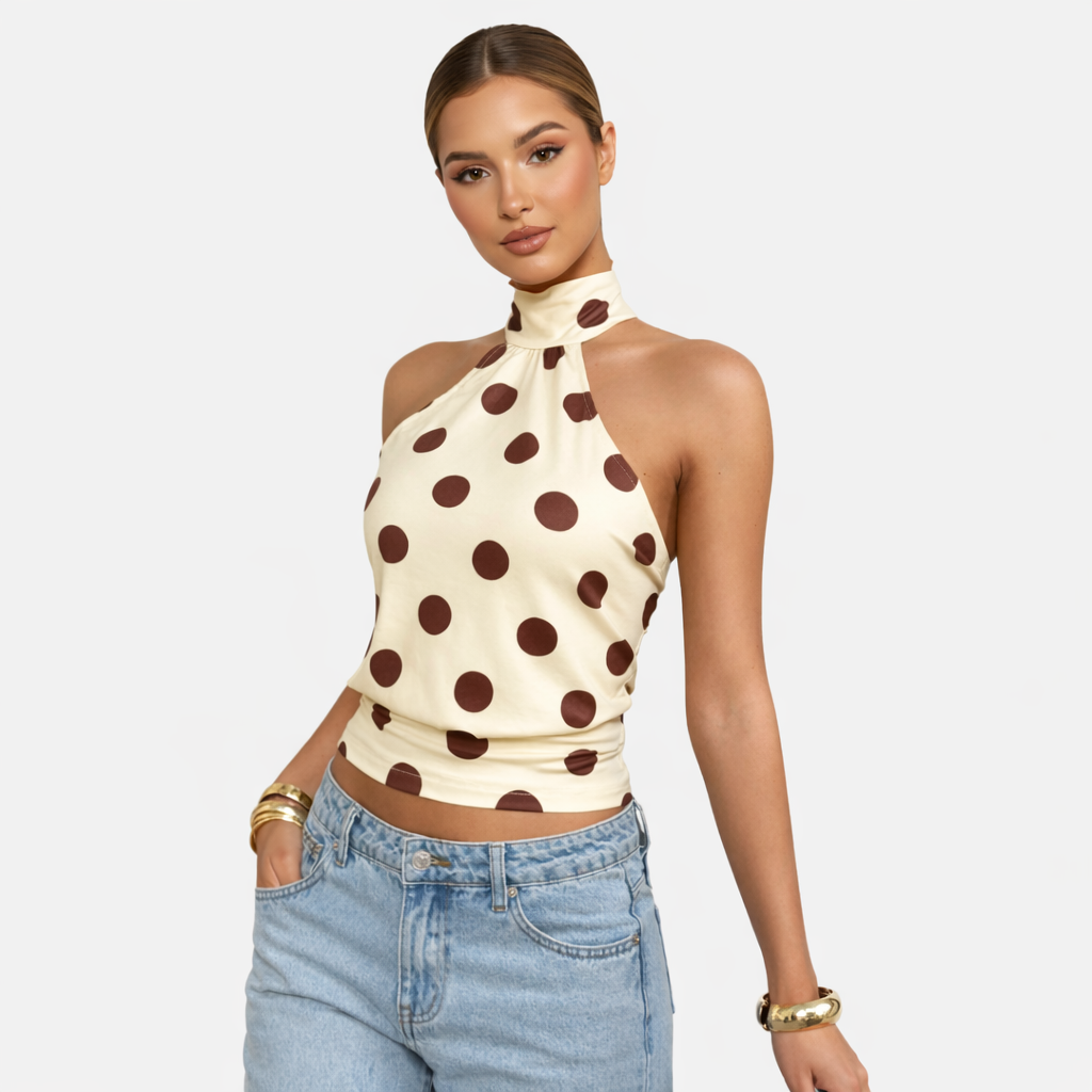 Polka Dot Blouse Women's Halter Neck Sleeveless Tie Back