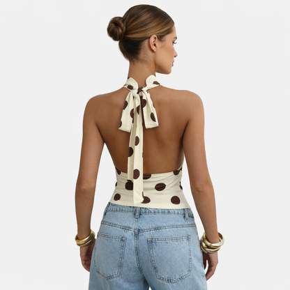 Polka Dot Blouse Women's Halter Neck Sleeveless Tie Back