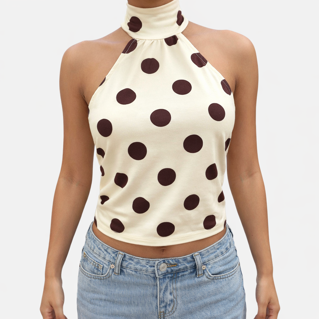 Polka Dot Blouse Women's Halter Neck Sleeveless Tie Back