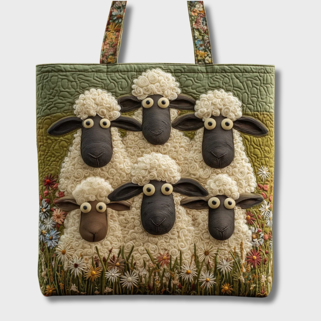 Same quilted tote shown against a plain light background, six textured sheep and a wildflower border above floral handles. 2