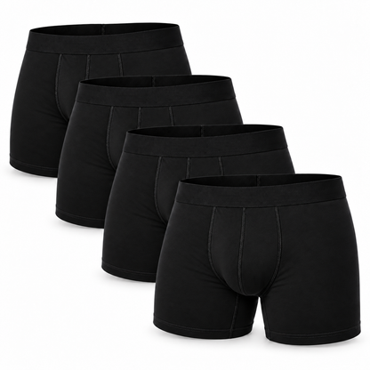 Four black boxer briefs arranged in an overlapping stack, each with wide waistband and stitched front seams. 12