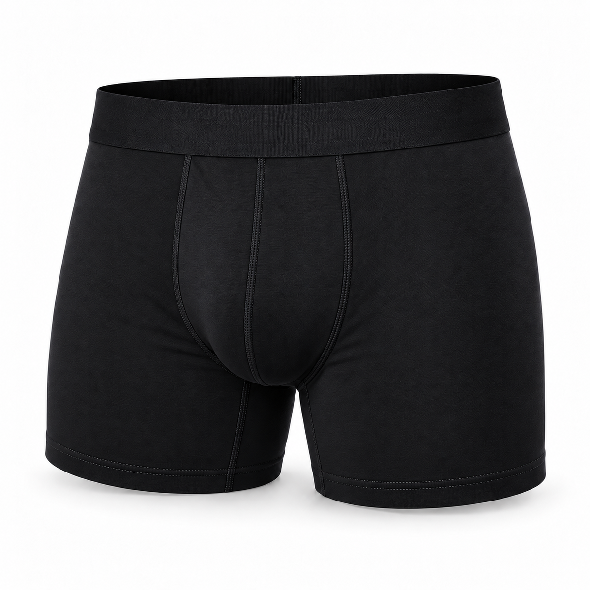 Single black boxer brief from the front, showing the wide waistband, stitched front panel and leg hems. 13
