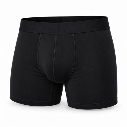 Single black boxer brief from the front, showing the wide waistband, stitched front panel and leg hems. 13