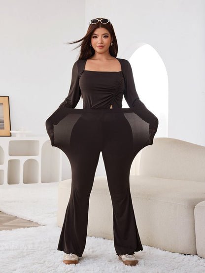 GalTyme Plus Size Women's Casual Asymmetrical Hem Tie Top And Flared Leg Pants Set Fall