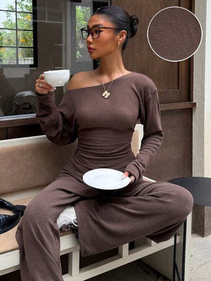 Muchica Women's New Autumn Brown Casual Knitted Textured Asymmetric Shoulder Long Sleeve T-Shirt And Pants Set For Going Out, Streetwear