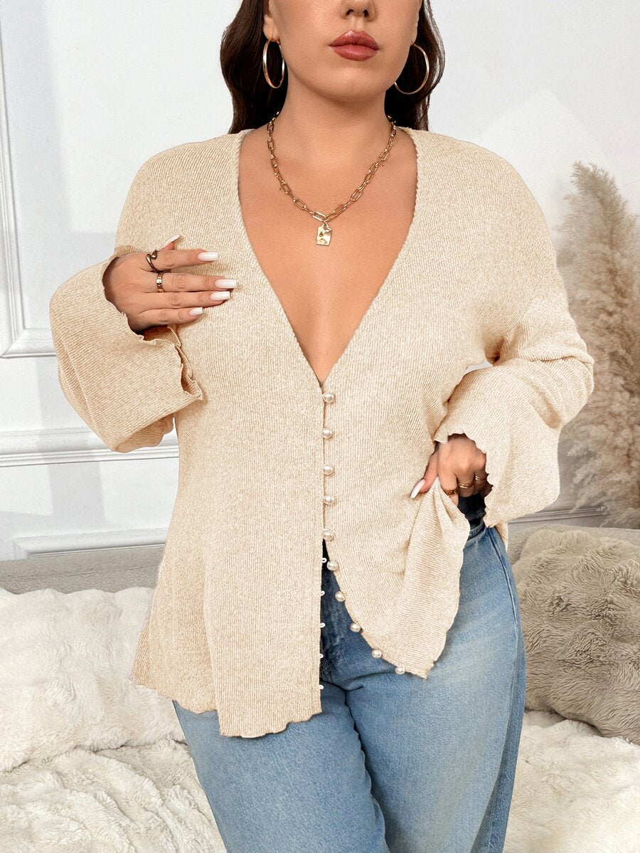 SHEIN Frenchy Plus Size Faux Pearl Button Deep V-Neck Long-Sleeved Knitted Coat, Spring Casual Mother's Day, Fall/Winter