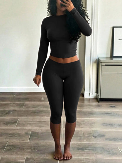 INAWLY Solva Women's Solid Color Crew Neck Long Sleeve T-Shirt And Leggings 2-Piece Set