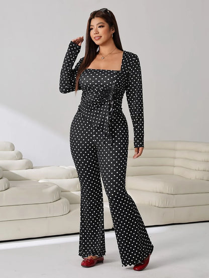 GalTyme Plus Size Women's Casual Asymmetrical Hem Tie Top And Flared Leg Pants Set Fall