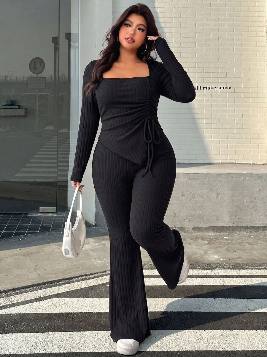 GalTyme Plus Size Women's Casual Asymmetrical Hem Tie Top And Flared Leg Pants Set Fall
