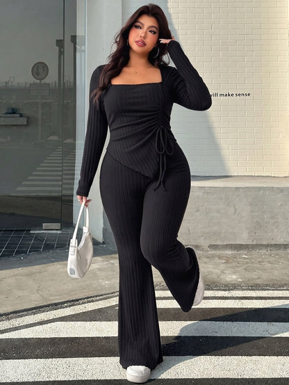 GalTyme Plus Size Women's Casual Asymmetrical Hem Tie Top And Flared Leg Pants Set Fall