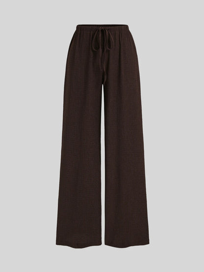 Sweetra Women's Autumn New Brown 2‑Piece Set, Lace‑Trim Slim‑Fit Long‑Sleeve Top & Elastic‑Waist Casual Pants For Vacation Sports & Back‑To‑School Wear