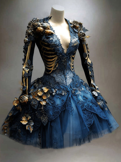 Blue version on a mannequin, with lace overlay, golden ribcage and arm-bone print, gold rose details and a full tulle skirt. 3