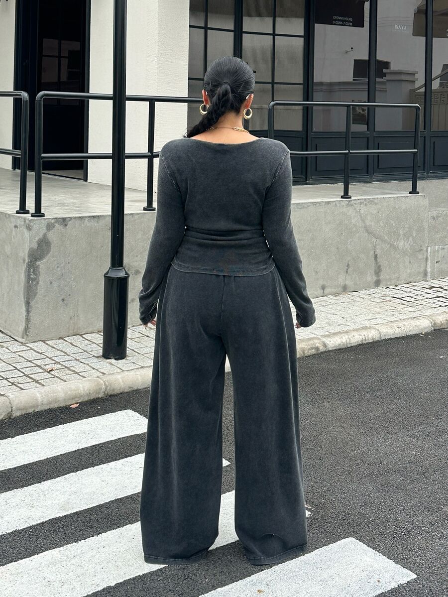 GalTyme Plus Size Women's Solid Color Long Sleeve T-Shirt And Wide Leg Pants Casual 2-Piece Set Fall