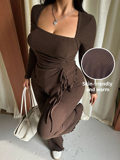 GalTyme Plus Size Women's Casual Asymmetrical Hem Tie Top And Flared Leg Pants Set Fall