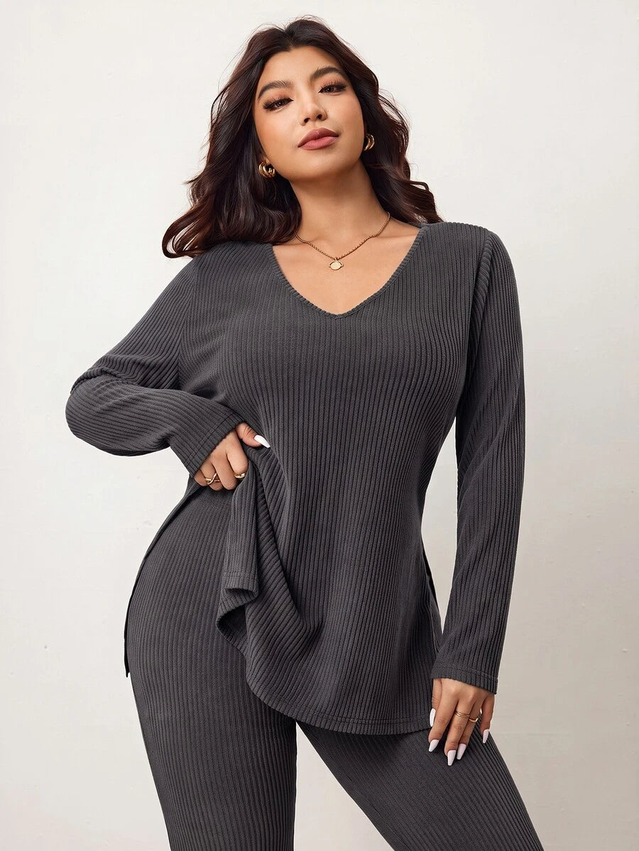 Enliva Plus Size Casual Home Wear 2 Pieces Set: Minimalist Off-Shoulder Ribbed Design, Suitable For Autumn/Winter, Flattering For Curvy Figures Fall