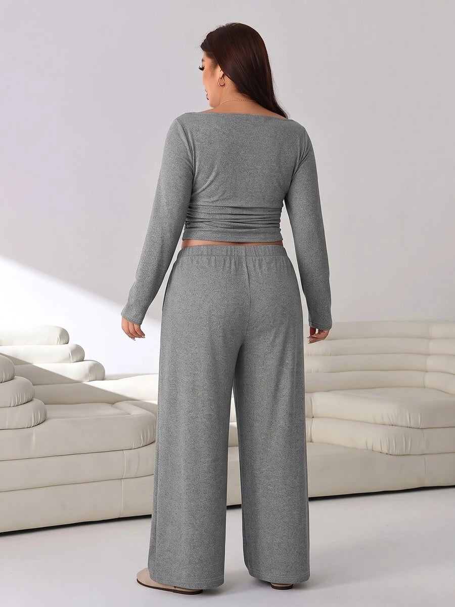 Solflare Plus Size Textured Long Sleeve Top And Loose Pants With Pockets 2 Pieces Set Fall