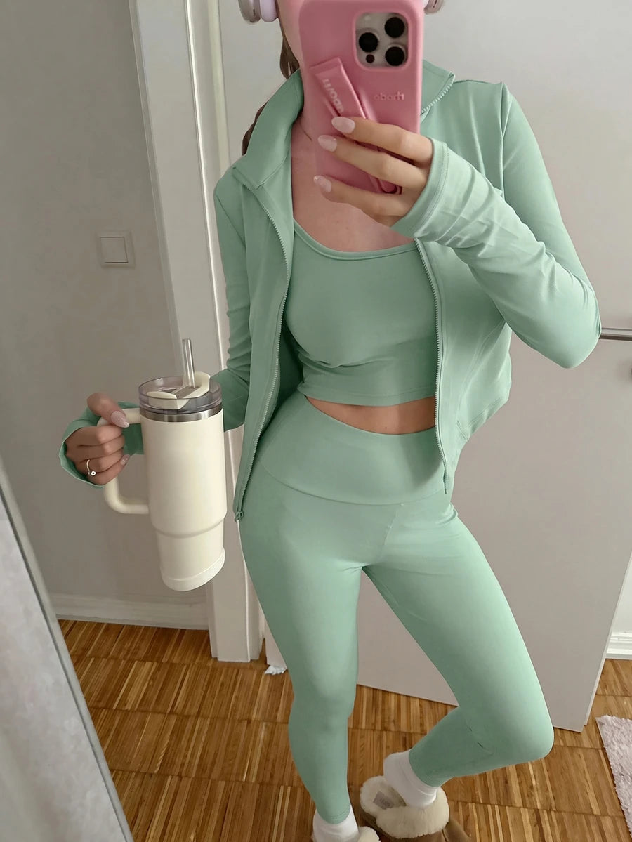SHEIN EZwear Black Knit Women Zip-Up Cardigan + Camisole + Pants 3Pcs Sportswear Casual Set Gym Workout Autumn