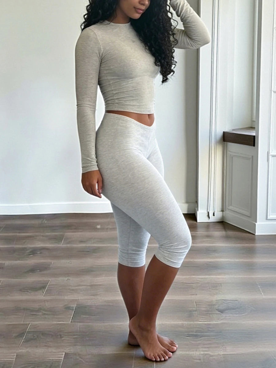 INAWLY Solva Women's Solid Color Crew Neck Long Sleeve T-Shirt And Leggings 2-Piece Set