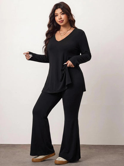 Enliva Plus Size Casual Home Wear 2 Pieces Set: Minimalist Off-Shoulder Ribbed Design, Suitable For Autumn/Winter, Flattering For Curvy Figures Fall