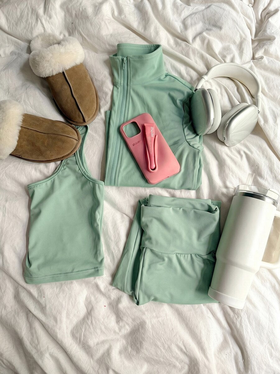 SHEIN EZwear Black Knit Women Zip-Up Cardigan + Camisole + Pants 3Pcs Sportswear Casual Set Gym Workout Autumn