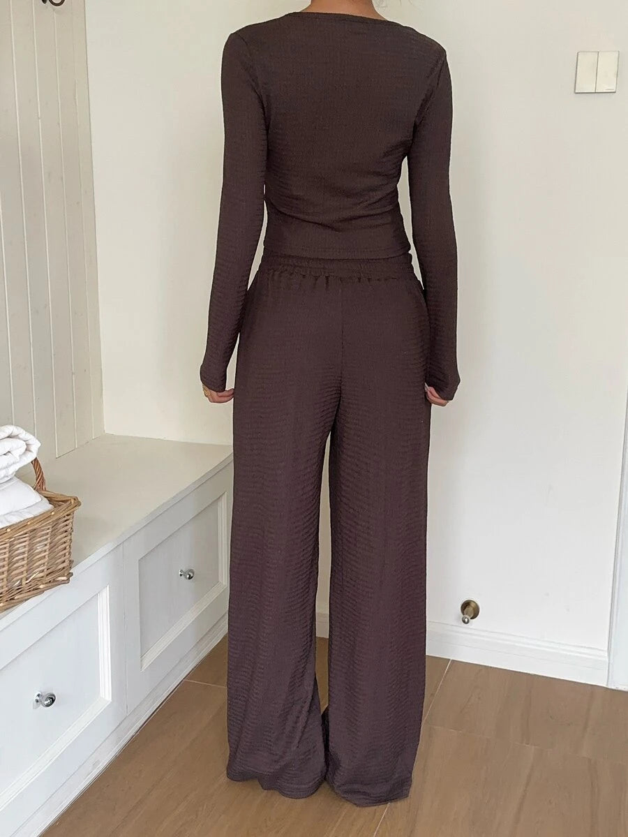 SHEIN EZwear Beige Knitted Women's Crew Neck Long Sleeve T-Shirt And Pants Set Lounge Travel Autumn Casual