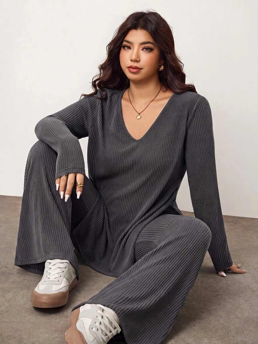 Enliva Plus Size Casual Home Wear 2 Pieces Set: Minimalist Off-Shoulder Ribbed Design, Suitable For Autumn/Winter, Flattering For Curvy Figures Fall