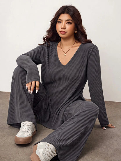 Enliva Plus Size Casual Home Wear 2 Pieces Set: Minimalist Off-Shoulder Ribbed Design, Suitable For Autumn/Winter, Flattering For Curvy Figures Fall