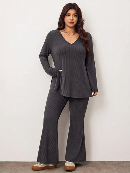 Enliva Plus Size Casual Home Wear 2 Pieces Set: Minimalist Off-Shoulder Ribbed Design, Suitable For Autumn/Winter, Flattering For Curvy Figures Fall
