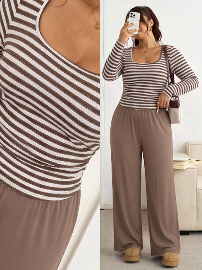 SHEIN Frenchy Plus Size Women Square Neck Black Long Sleeve T-Shirt And Wide Leg Pants Casual 2 Piece Set Formal Office Holiday Holiday Autumn Fall