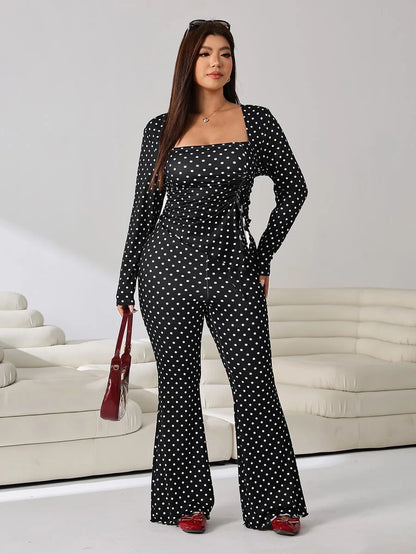 GalTyme Plus Size Women's Casual Asymmetrical Hem Tie Top And Flared Leg Pants Set Fall