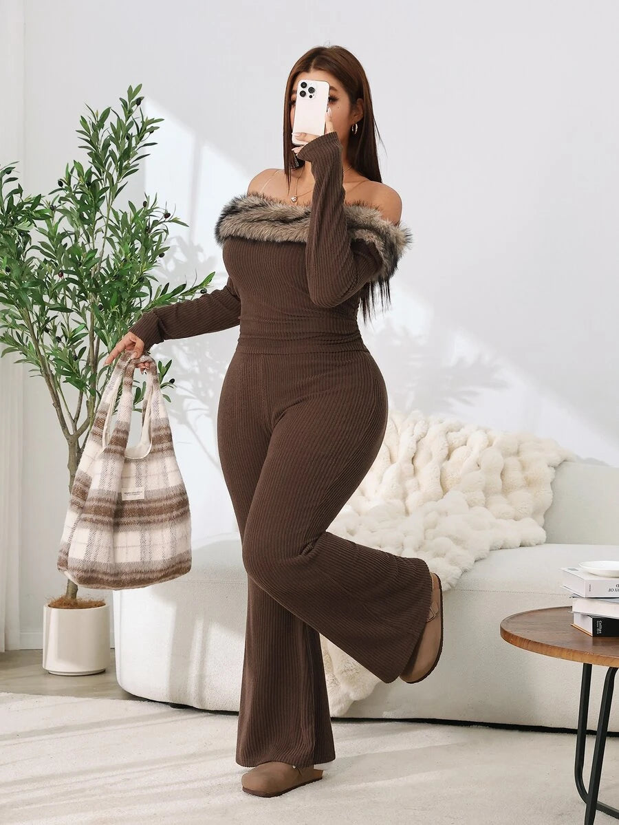 SHEIN EZwear Plus Size Woman Off Shoulder Ribbed 2 Pieces Set,Winter Long Sleeve Pants Sets,Christmas Lounge Set,Burgundy,Autumn,Smart Casual,Everyday Comfortable