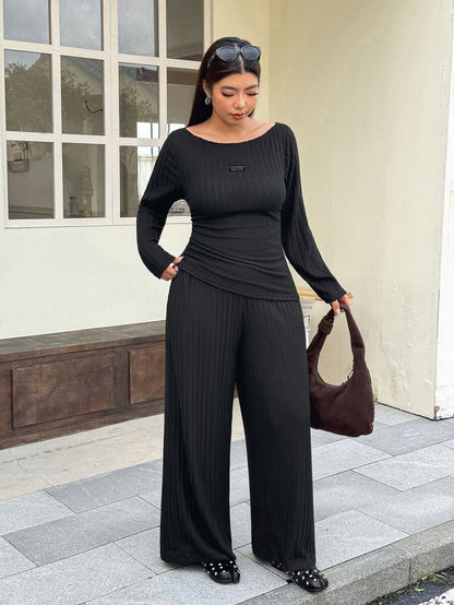 Solflare Plus Size Textured Long Sleeve Top And Loose Pants With Pockets 2 Pieces Set Fall