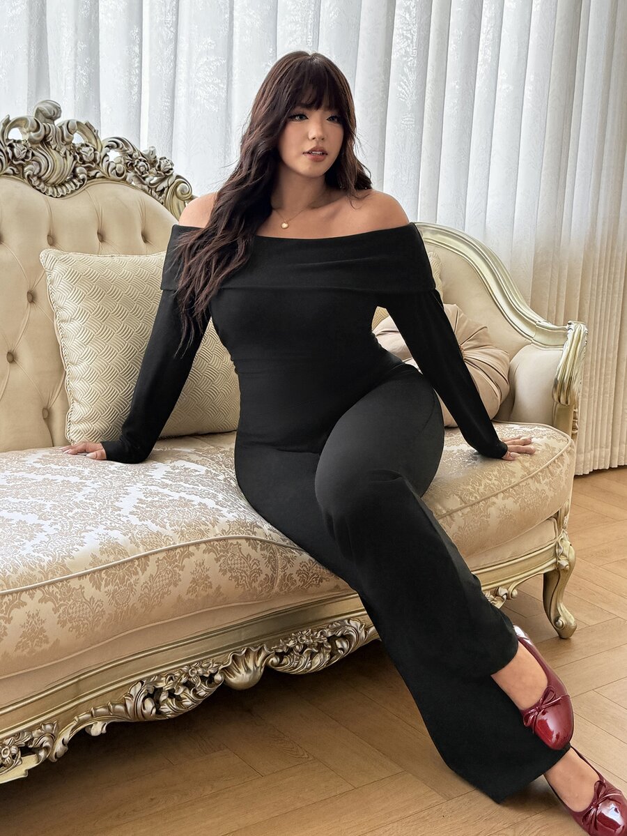 SHEIN EZwear Plus Size Woman Off Shoulder Ribbed 2 Pieces Set,Winter Long Sleeve Pants Sets,Christmas Lounge Set,Burgundy,Autumn,Smart Casual,Everyday Comfortable
