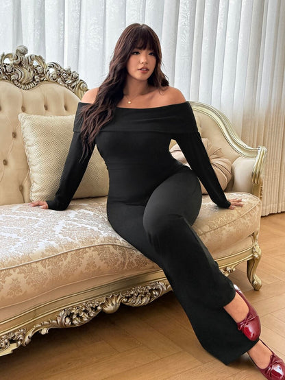 SHEIN EZwear Plus Size Woman Off Shoulder Ribbed 2 Pieces Set,Winter Long Sleeve Pants Sets,Christmas Lounge Set,Burgundy,Autumn,Smart Casual,Everyday Comfortable