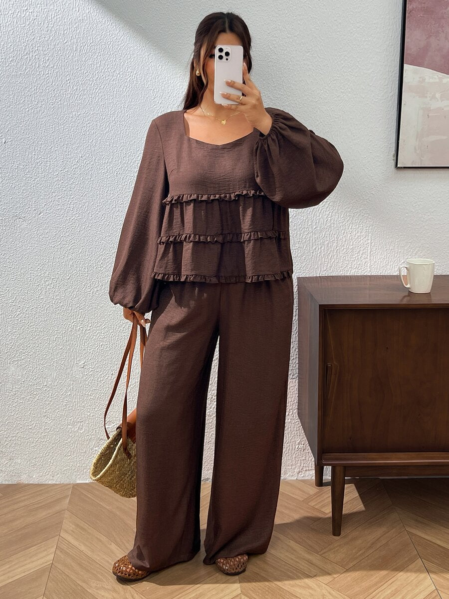 Lounesse Plus Size Casual Women 2 Pieces Set, Long Sleeve Outfit, Casual Women's Clothing Brown 2 Pieces Set, Ruffle Hem Outfit Casual Women 2 Pieces Set Long Sleeve Outfit