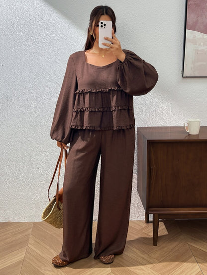 Lounesse Plus Size Casual Women 2 Pieces Set, Long Sleeve Outfit, Casual Women's Clothing Brown 2 Pieces Set, Ruffle Hem Outfit Casual Women 2 Pieces Set Long Sleeve Outfit