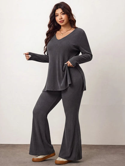 Enliva Plus Size Casual Home Wear 2 Pieces Set: Minimalist Off-Shoulder Ribbed Design, Suitable For Autumn/Winter, Flattering For Curvy Figures Fall