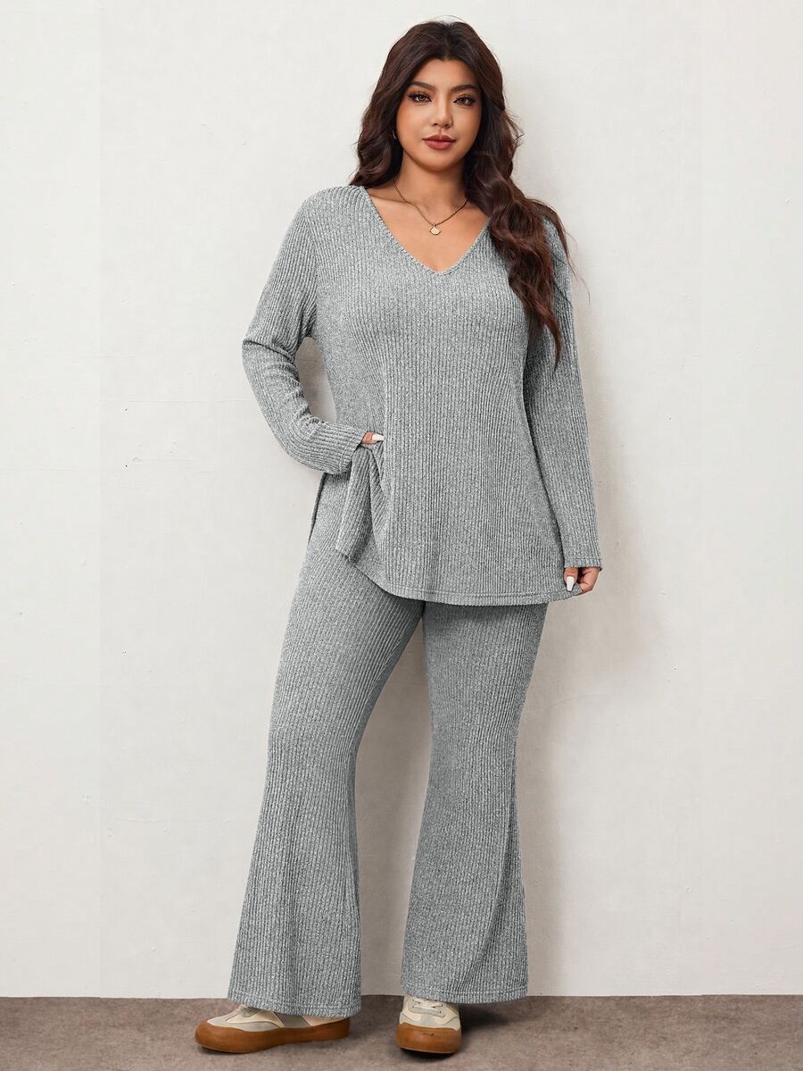 Enliva Plus Size Casual Home Wear 2 Pieces Set: Minimalist Off-Shoulder Ribbed Design, Suitable For Autumn/Winter, Flattering For Curvy Figures Fall