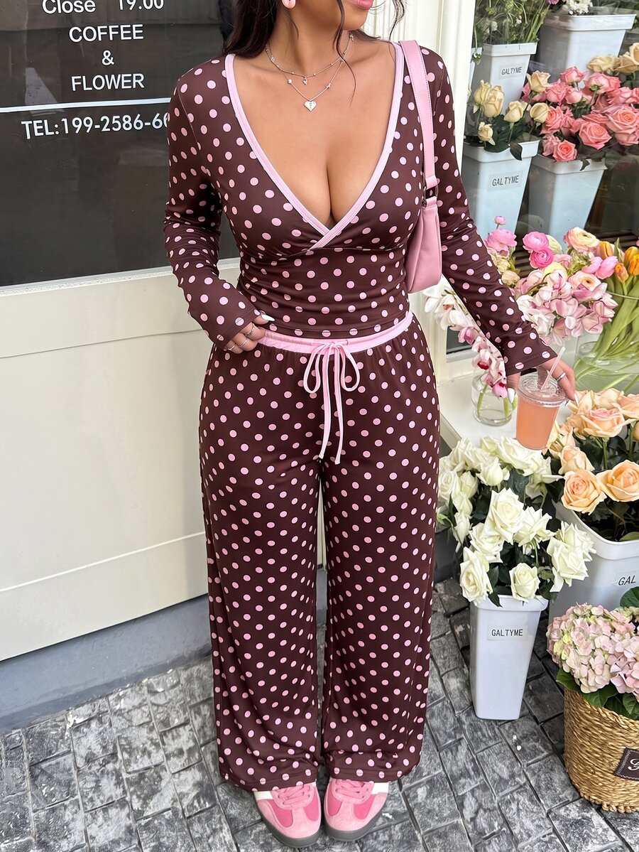 GalTyme Plus Size Contrast Color Long Sleeve Top & Pants 2 Pieces Set,Cerise Pink,Autumn,Smart Casual,Everyday,Chic Elegant Y2k Party Christmas Vacation Fall